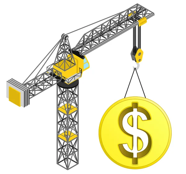 Golden Dollar coin hanged on isolated crane drawing vector — Stock Vector