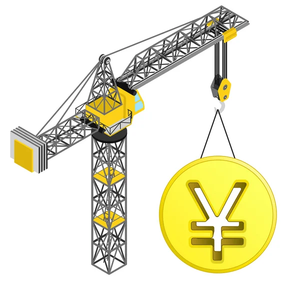 Golden Yuan coin hanged on isolated crane drawing vector — Stock Vector