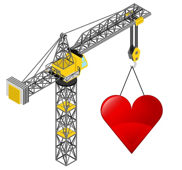 Red heart icon hanged on isolated crane drawing vector — Stock Vector