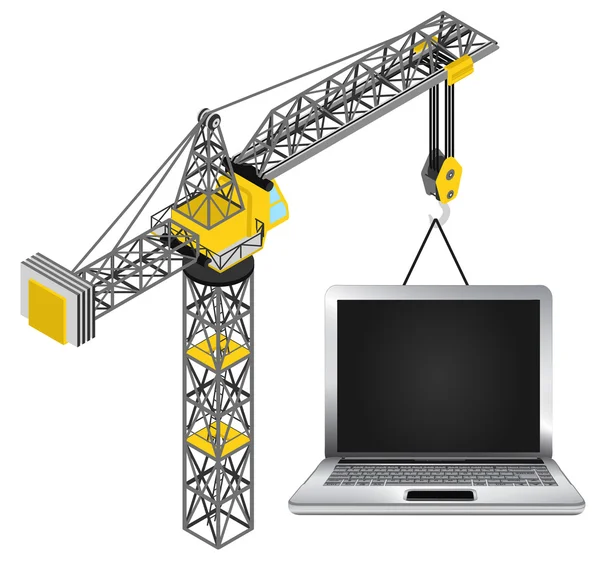 New laptop hanged on isolated crane drawing vector — Stock Vector