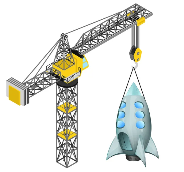Ruimte raket opgehangen op geïsoleerde kraan vector tekening — Stockvector