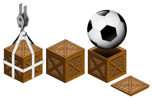 Football ball in open wooden crate packing collection vector — Stock Vector