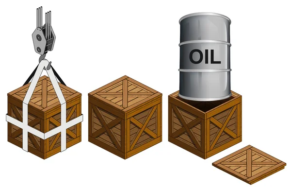 Serbatoio dell'olio in cassa di legno aperta vettore di raccolta di imballaggio — Vettoriale Stock