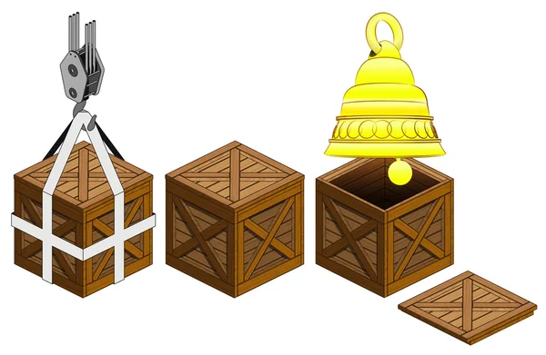 Golden bell in open wooden crate packing collection vector — Stock Vector