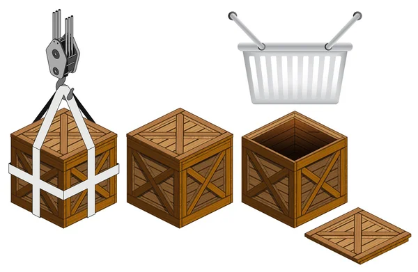 Nákupní košík v otevřených dřevěné bedně balení kolekce vektor — Stockový vektor