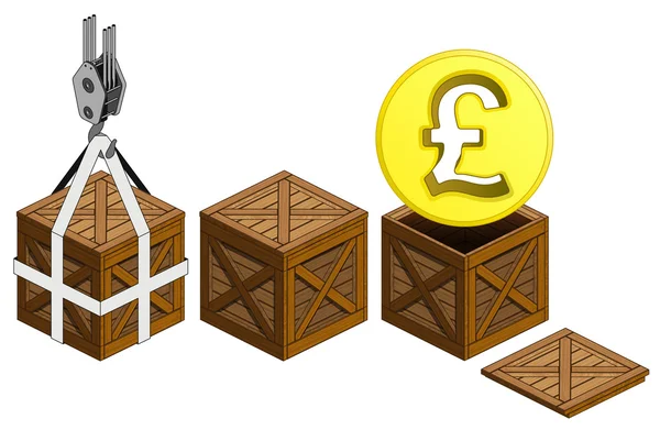 Golden Pound coin in open wooden crate packing collection vector — Stock Vector