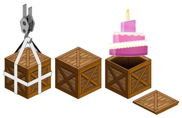 Gâteau à la bougie dans le vecteur ouvert de collecte d'emballage de caisse en bois — Image vectorielle