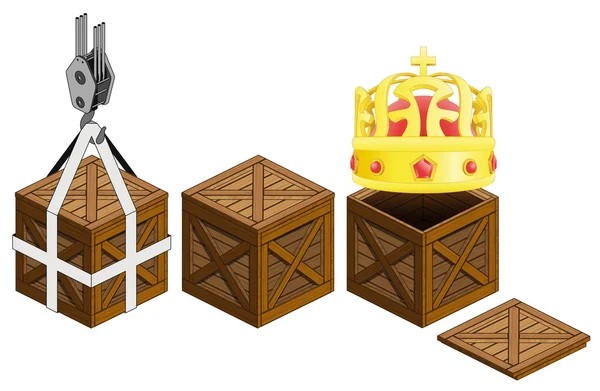 Golden royal crown in open wooden crate packing collection vector — Stock Vector