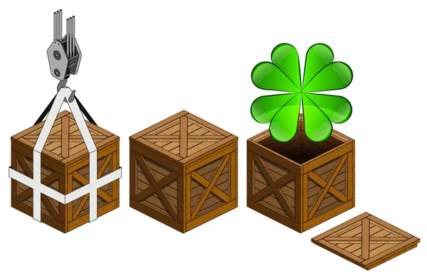 Felicidad de hoja de trébol en caja de madera abierta embalaje colección vector — Vector de stock