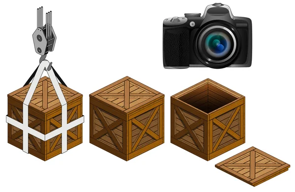 Camera in open wooden crate packing collection vector — Stock Vector