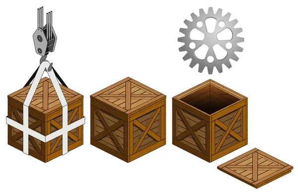 Rueda dentada industrial en caja de madera abierta embalaje colección vector — Vector de stock