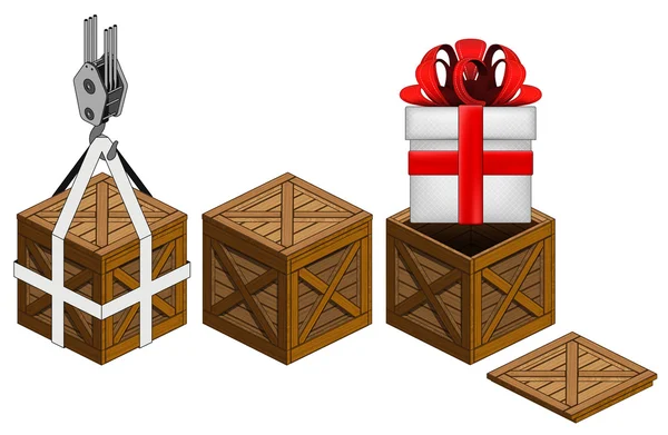 Gift box in open wooden crate packing collection vector — Stock Vector