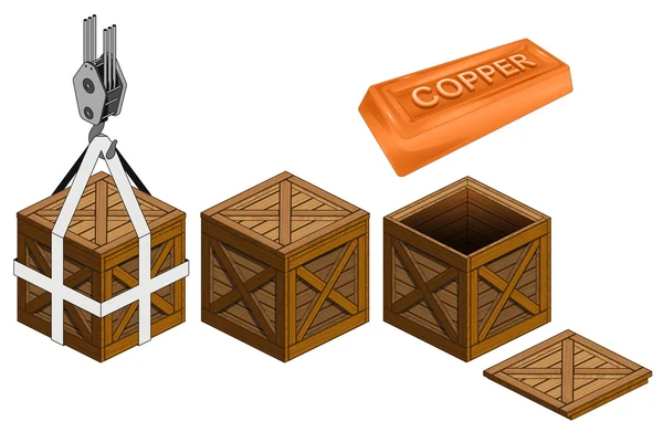 Barre de cuivre dans le vecteur ouvert de collecte d'emballage de caisse en bois — Image vectorielle