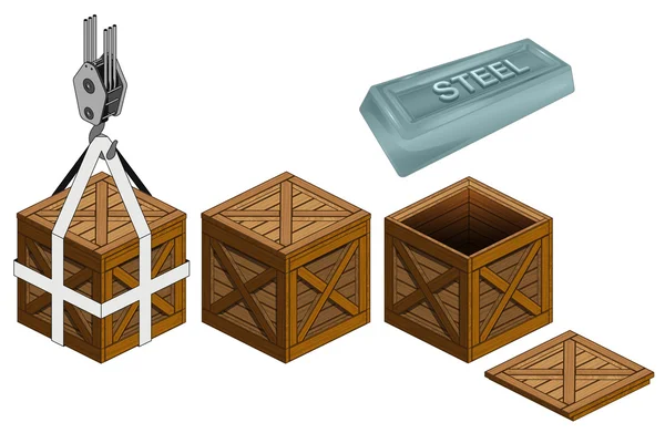 Barra de acero en caja de madera abierta embalaje colección vector — Archivo Imágenes Vectoriales