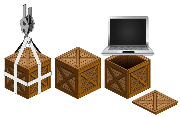 Nuevo portátil en caja de madera abierta colección de embalaje vector — Archivo Imágenes Vectoriales