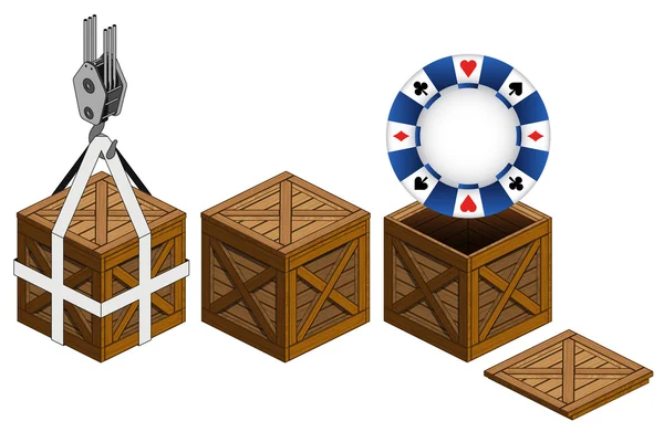 Chip di poker in cassa di legno aperta vettore di raccolta di imballaggio — Vettoriale Stock