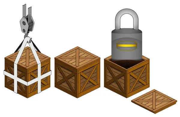 Closed padlock in open wooden crate packing collection vector — Stock Vector