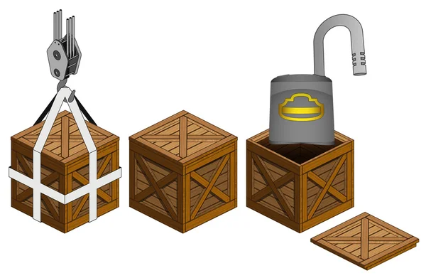 Open padlock in open wooden crate packing collection vector — Stock Vector