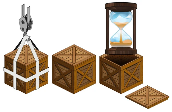 Wooden sandglass in open wooden crate packing collection vector — Stock Vector