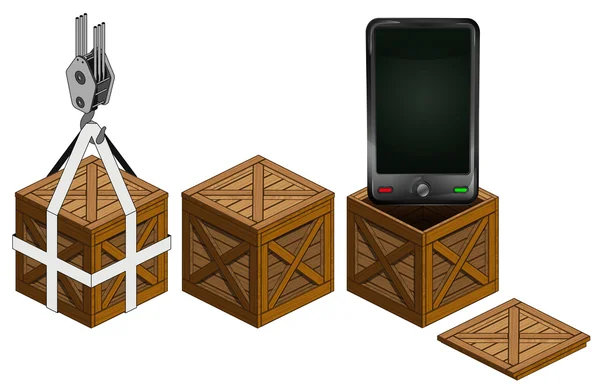 Nuevo smartphone en caja de madera abierta colección de embalaje vector — Vector de stock