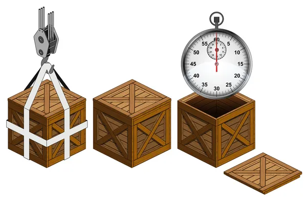 Stopwatch in open wooden crate packing collection vector — Stock Vector