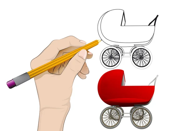 Meisje kinderwagen als geïsoleerde menselijke hand vector tekening — Stockvector