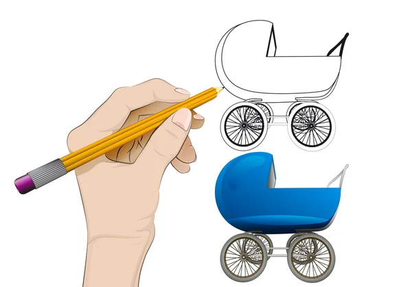 Jongen kinderwagen als geïsoleerde menselijke hand vector tekening — Stockvector