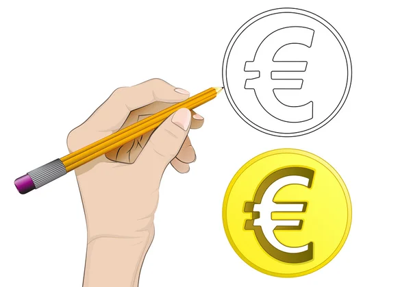 Golden Euro coin as isolated human hand drawing vector — Stock Vector