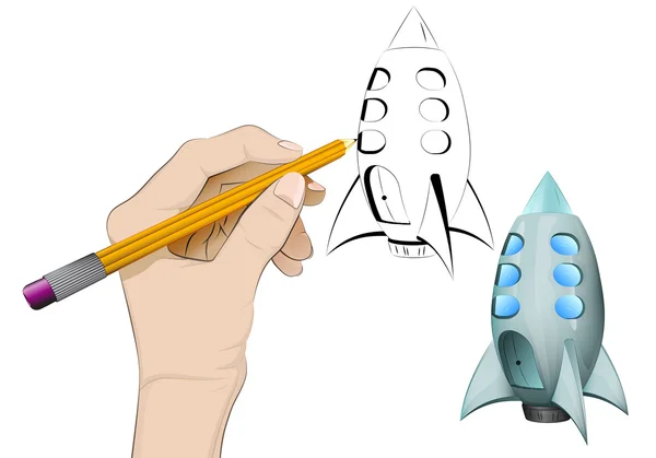Cohete espacial como vector de dibujo a mano humano aislado — Vector de stock