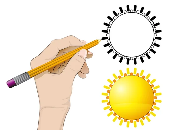 Zlaté slunce jako izolované lidská ruka kreslení vektorové — Stockový vektor