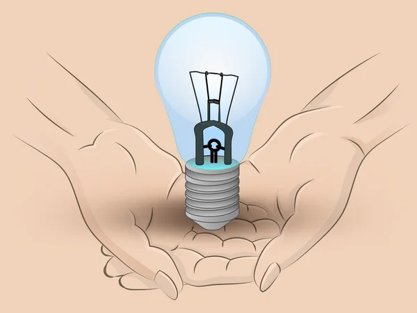 Blue lightbulb hold two human hands across vector — Stock Vector