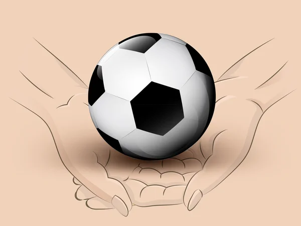 Pelota de fútbol sostienen dos manos humanas a través de vector — Vector de stock