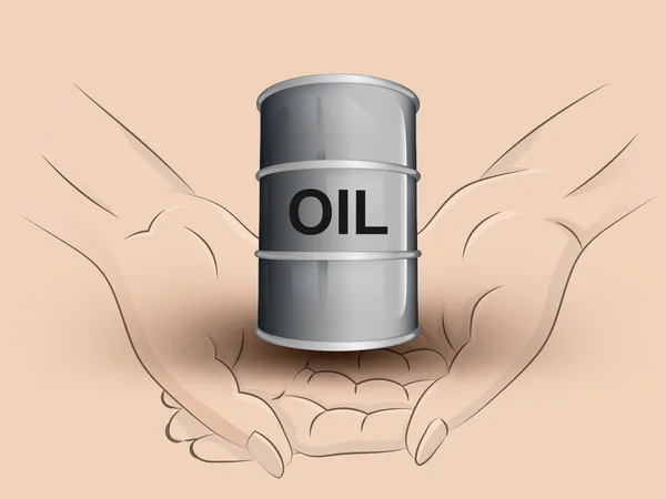 Oil barrel hold two human hands across vector — Stock Vector