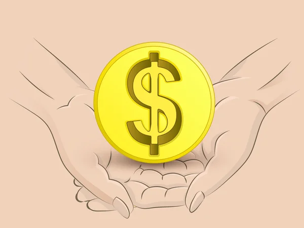 Golden Dollar coin hold two human hands across vector — Stock Vector