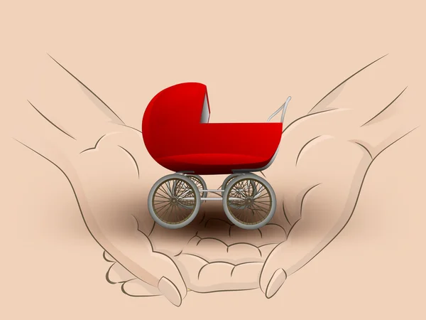 Girl red pushchair hold two human hands across vector — Stock Vector