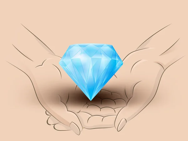 Blauer Diamant hält zwei menschliche Hände über Vektor — Stockvektor