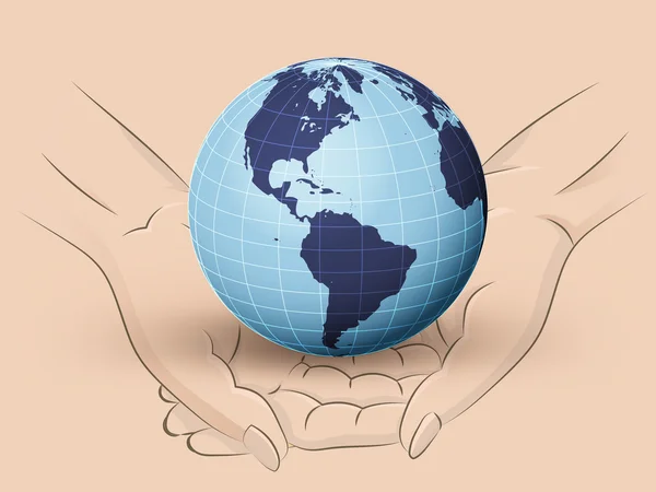 America earth world hold two human hands across vector — Stock Vector