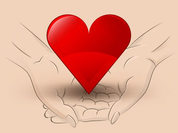 Ícone coração vermelho segurar duas mãos humanas através do vetor —  Vetores de Stock