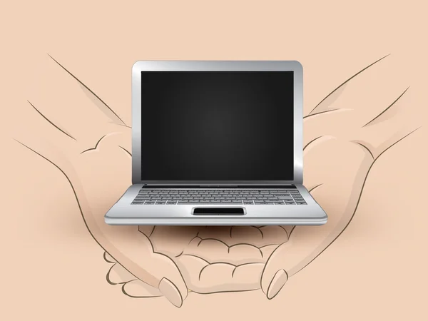 Nuevo ordenador portátil sostiene dos manos humanas a través de vector — Archivo Imágenes Vectoriales