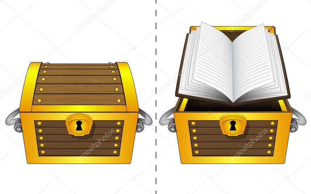 open book in open wooden chest and closed one isolated vector