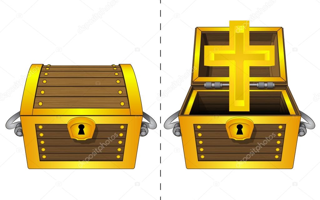 golden cross in open wooden chest and closed one isolated vector