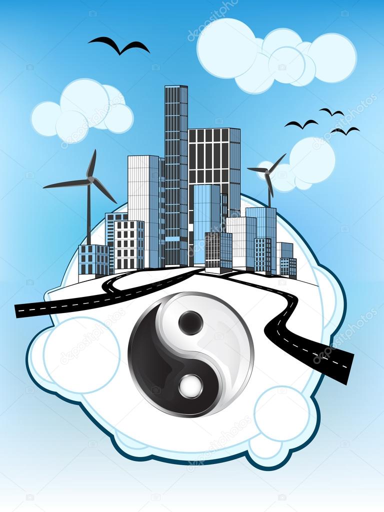 jing balance icon on white bubble with ecological cityscape vector
