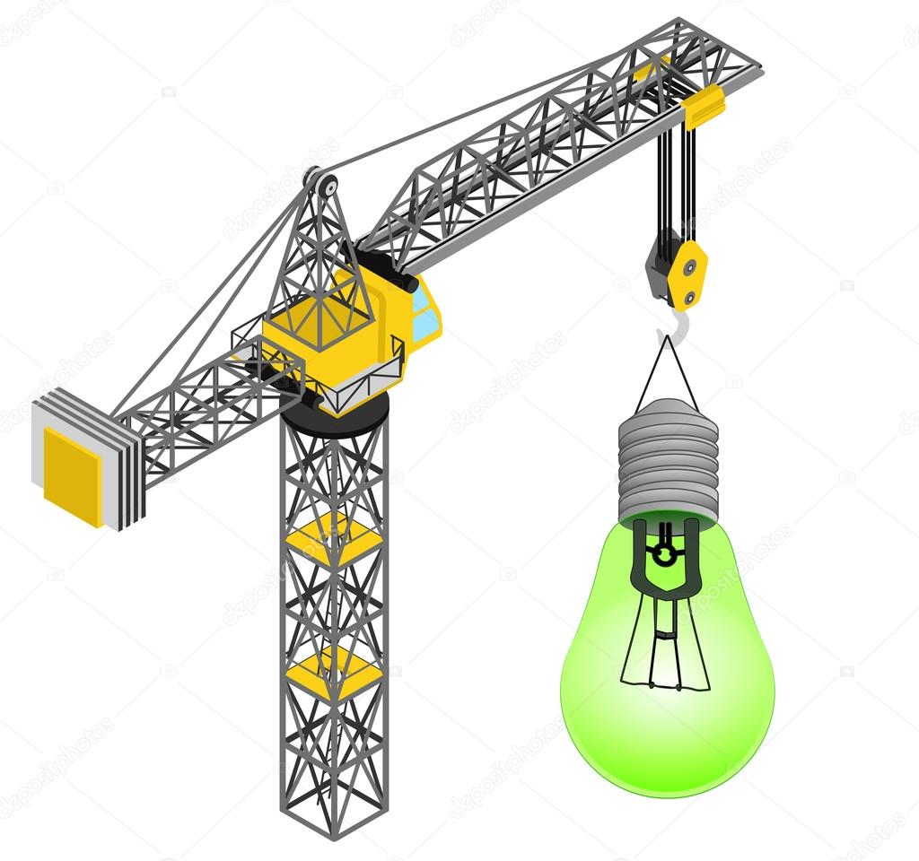 green lightbulb hanged on isolated crane drawing vector