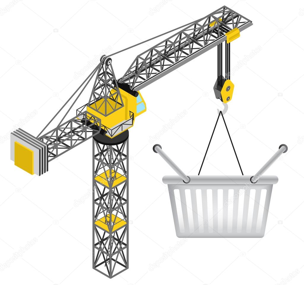 shopping basket hanged on isolated crane drawing vector