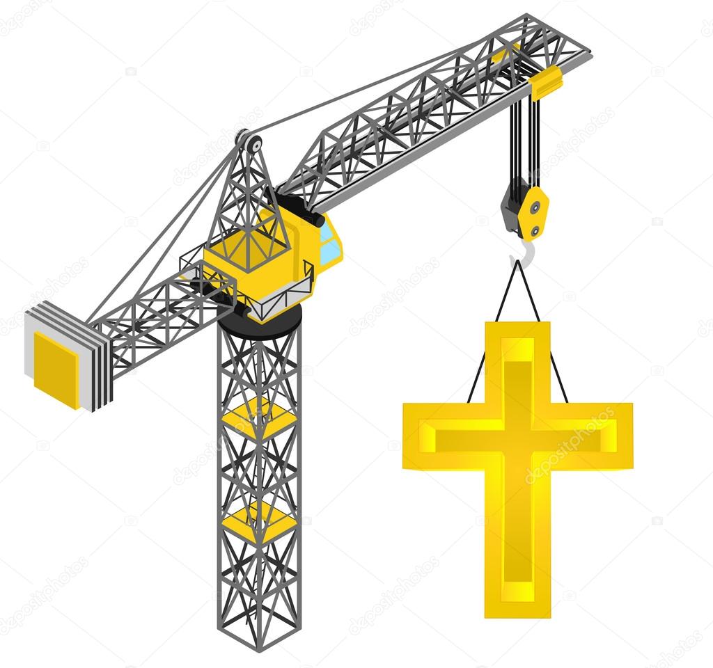 golden cross hanged on isolated crane drawing vector
