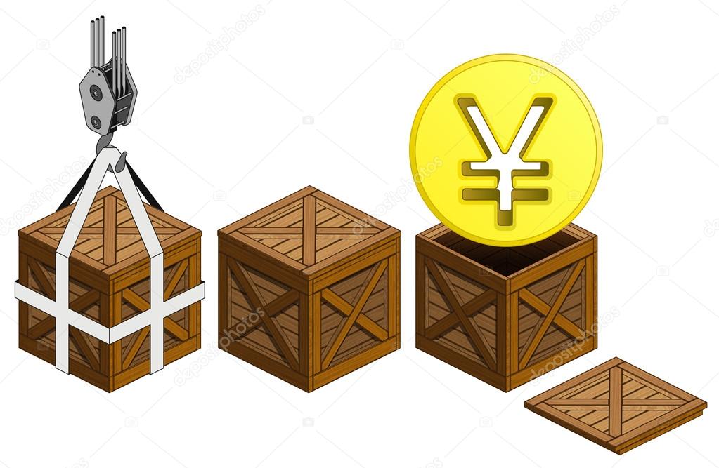 golden Yuan coin in open wooden crate packing collection vector