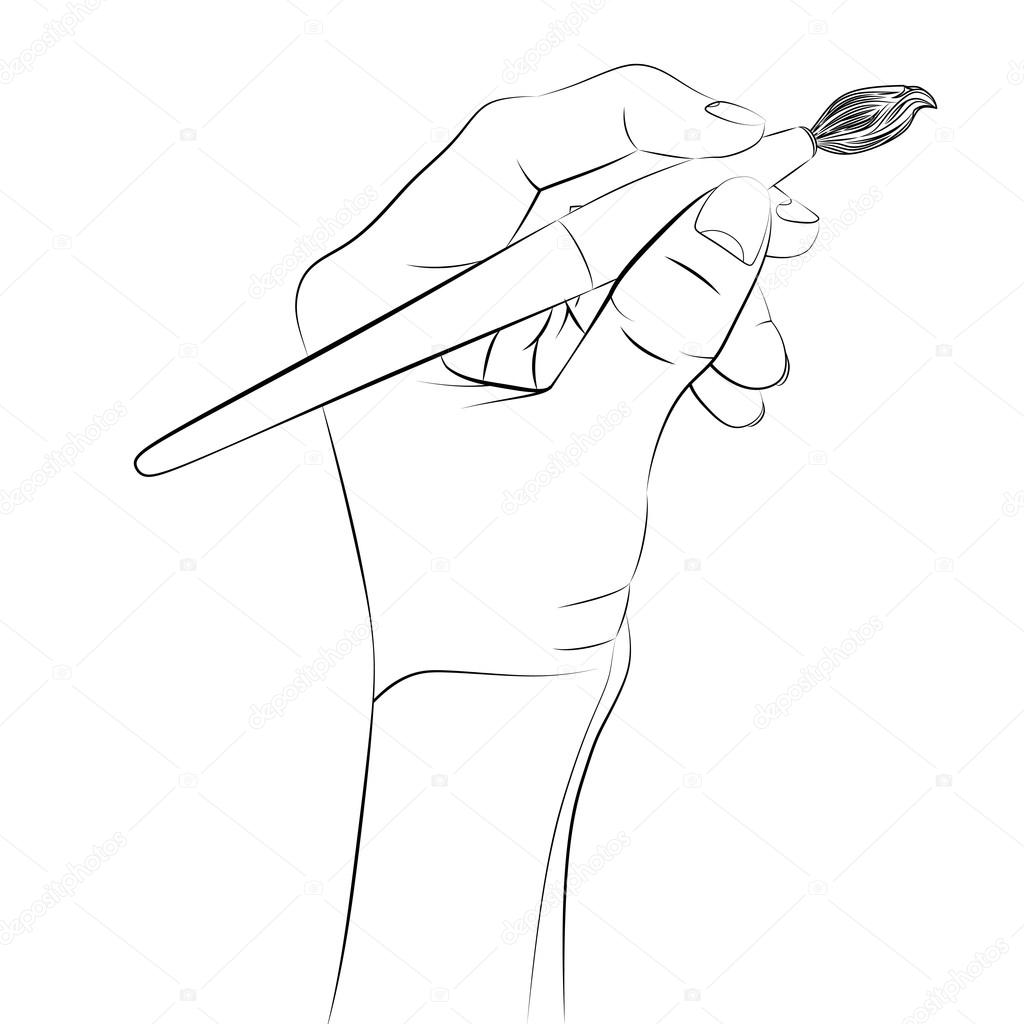 isolated human hand holding brush sketch vector
