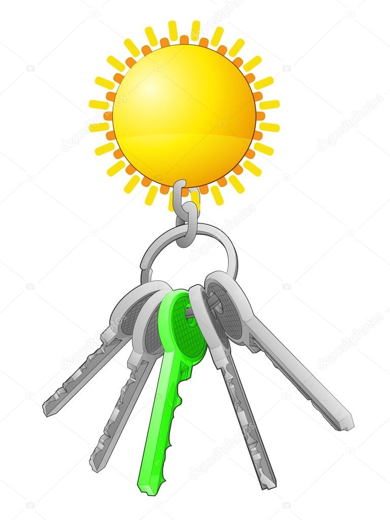 Golden sun on key ring with green one