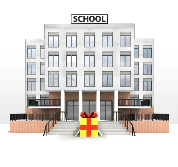 Confezione regalo di fronte al moderno edificio scolastico — Foto Stock
