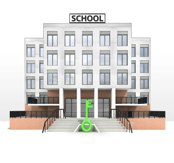Grüner Schlüssel vor modernem Schulgebäude — Stockfoto